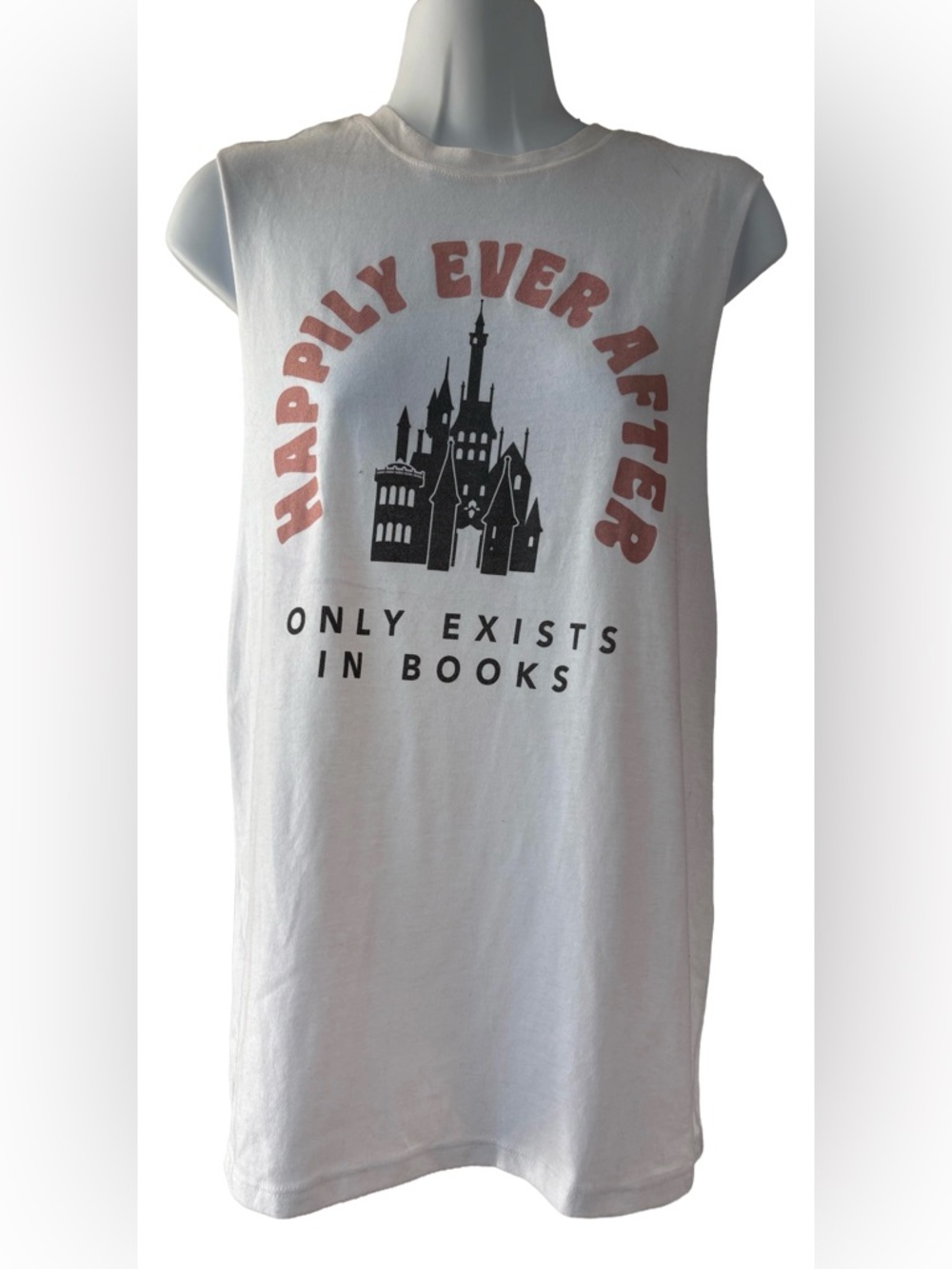 Happily Ever After Graphic Sleeveless Tee - White with Pink & Black Print